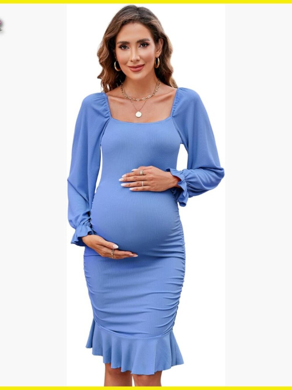 Maternity Bodycon Dress Puff Sleeve Square Neck Ruffle Hem Smocked Bust